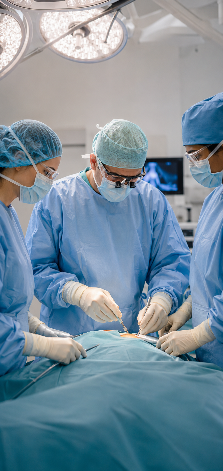 Surgical team performing a procedure in an operating theatre with surgical loupes and overhead lamps