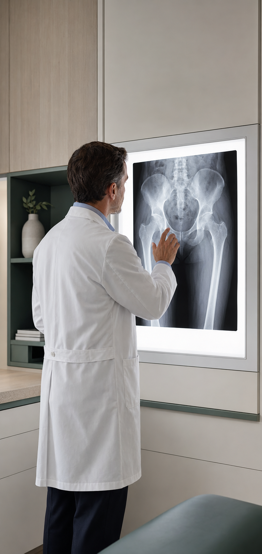 Surgeon reviewing a pelvic X-ray on a clinical light box